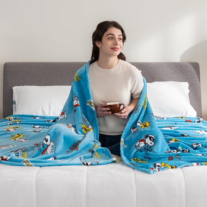 Berkshire Blanket Peanuts® VelvetLoft® Cute Character Snoopy Plush Blanket,Peanuts Large Masked Marvel Toss Happy Blue,Twin 60 in x 90 in (Official Peanuts® Product)