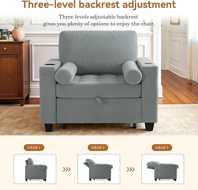 Convertible Sleeper Chair Bed, Comfy Corduroy Single Futon Sofa Chair with Pull Out Bed, 3-Levels Adjustable Backrest Accent Chair with Side Pockets, Cup Holder & USB Ports for Living Room, Bedroom