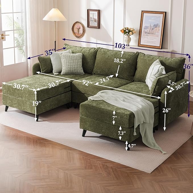 104'' Modular Sectional Sofa with All Seats Storage, Oversized U Shaped Couch for Living Room,3-Seater Comfy Cloud Couches with Movable Ottoman,Big Sectional for Bedroom,Velet,Green