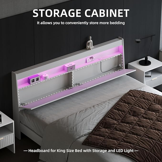 Modern Wooden Headboard Only with Storage,Wall Mount Bed Backboard with LED Light Power Outlets 2 USB Ports for Bedroom (White, King)