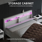 Modern Wooden Headboard Only with Storage,Wall Mount Bed Backboard with LED Light Power Outlets 2 USB Ports for Bedroom (White, King)