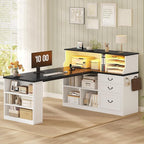 61" Executive Desk, Farmhouse Home Office Desk with Drawers, Wood L Shaped Computer Desk with 4-Tier Paper Organizer, File Holder, Power Outlets, LED Light, Storage Shelves, Hooks, White