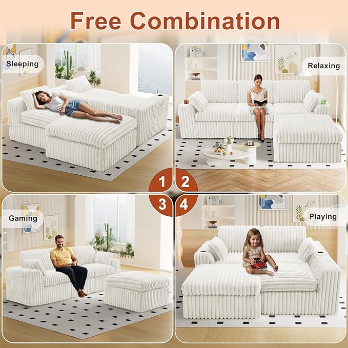 114" Cloud Boneless Sectional Couches for Living Room, Modular Sectional Sofa with Cup Holder, Cozy Fluffy L Shaped Deep Seat Boneless Couch with Storage Pocket, No Assembly Required, White