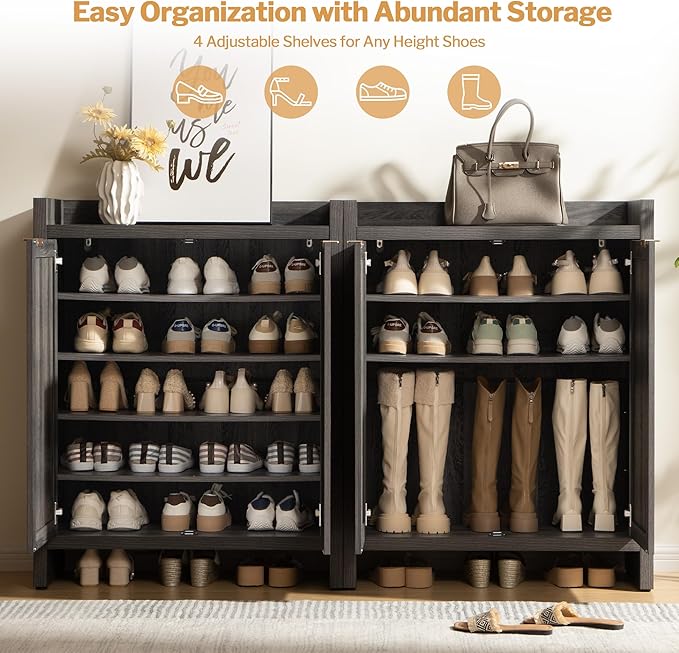 SICOTAS Shoe Storage Cabinet Set of 3, Large Capacity Rattan Shoe Cabinet for Entryway, 6-Tier 41" Tall Shoe Cabinet, Farmhouse Wooden Storage Cabinet for Living Room Hallway, Black Oak