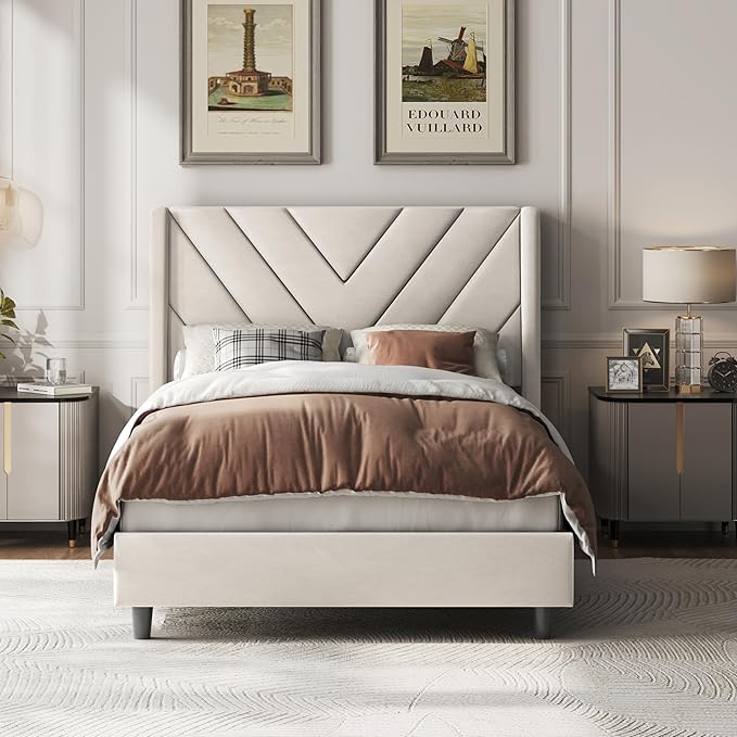 Yaheetech Twin Bed Frame Upholstered Platform Bed with Wing Side/Wooden Slat Support/Tufted Headboard with Wing Side/Mattress Foundation/No Box Spring Needed,Beige Twin Bed