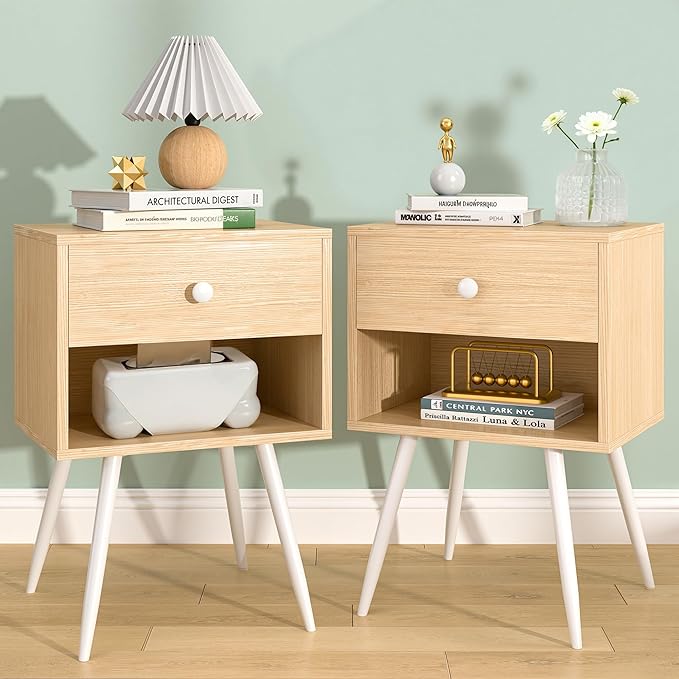 VECELO Nightstands Set of 2, Mid Century Modern End Bedside Table, Night Stand with Storage Drawer and 2 Tiers Open Shelf for Small Place, Bedroom, Living Room, Easy Assembly, Oak Wood