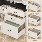 61" Executive Desk, Farmhouse Home Office Desk with Drawers, Wood L Shaped Computer Desk with 4-Tier Paper Organizer, File Holder, Power Outlets, LED Light, Storage Shelves, Hooks, White