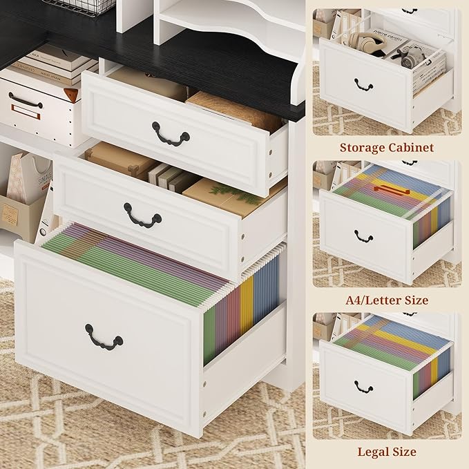 61" Executive Desk, Farmhouse Home Office Desk with Drawers, Wood L Shaped Computer Desk with 4-Tier Paper Organizer, File Holder, Power Outlets, LED Light, Storage Shelves, Hooks, White