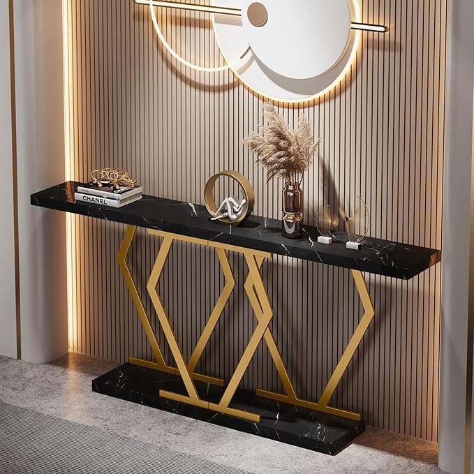 Tribesigns 70.9 Inch Extra Long Sofa Table，Black and Gold Console Table with Faux Marble Tabletop, Modern Long Entryway Table with Gold Frame