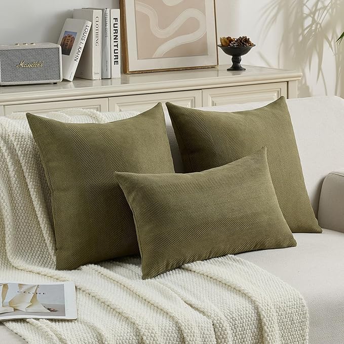 FUTEI Olive Green Chenille Throw Pillow Covers 26x26 Inch Set of 2,Soft Wide Chevron Textured Euro Pillow Shams,Farmhouse Home Decor for Couch Bed Living Room