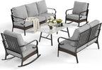 5 Piece Metal Outdoor Patio Furniture Set, Patio Conversation Sets 3-Seater Sofa, 2-Seater Sofa, 2 Rocking Sofa with 5.75" Cushion & Coffee Table Black Backyard Furniture, Light Gray