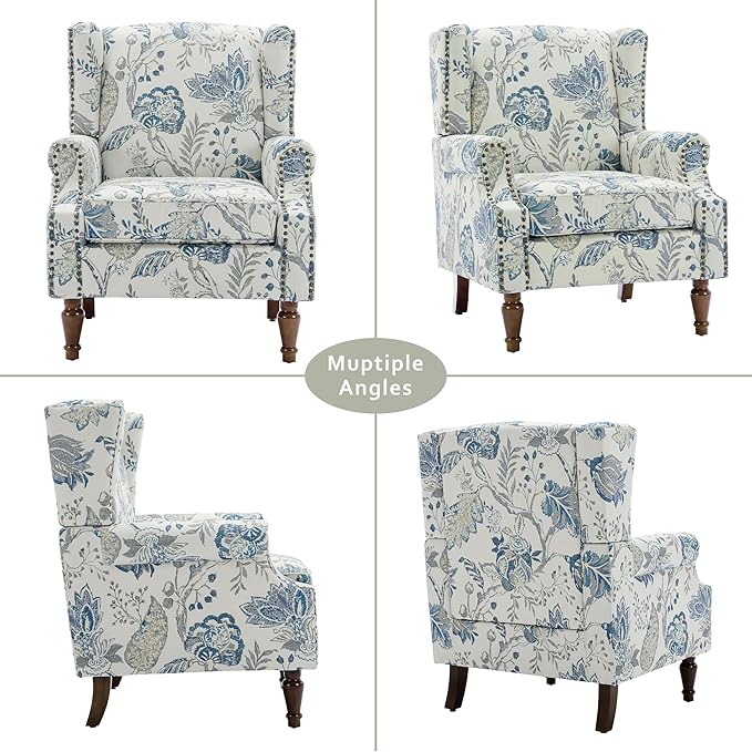 Lumibee High Back Accent Chair Set of 2, Armchair in Fabric,Comfy Upholstered Wingback Single Sofa Reading Chairs with Solid Wood Legs for Living Room,Bedroom,Office-Plants Blue