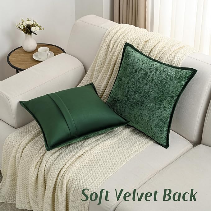 FUTEI Christmas Dark Green Chenille Throw Pillow Covers 18x18 Inch Set of 2,Soft Cozy Bound Edge Design Cushion Case,Home Decor for Couch Bed Living Room