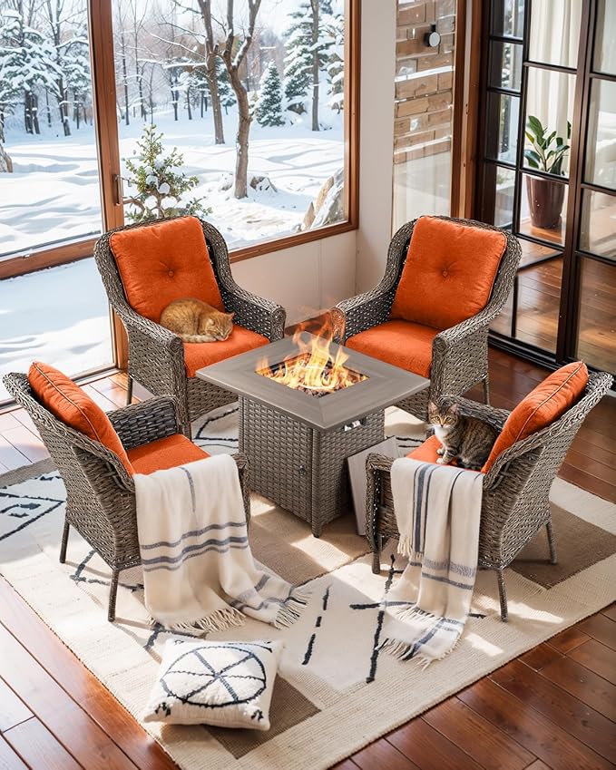 Outdoor Patio Chairs with Fire Pit Table 5 Piece Set - High Back Brown Wicker Rattan Lawn Chair with Thick Cushion for Porch Apartment Deck Yard Poolside Garden - Orange