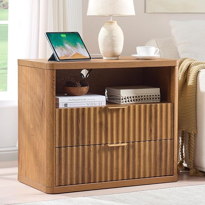 LEYAOYAO 31" Wide Fluted Nightstand Set of 2 with Charging Station, Oversized Extra Large 2 Drawers Night Stand,Brown Wood Bedside Table,Tall End Tables,Modern Chest of Drawers Dressers for Bedroom