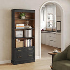 LITTLE TREE 72" Tall Black Bookcase, 5-Tier Office Bookself with File Cabinet Drawers,Modern Floor Standing Storage Filing Cabinet Book Shelf for Living Room,Bedroom