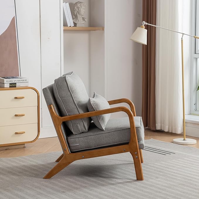 Mid-Century Accent Chair,Linen Fabric Lounge Chair with Wide Armrest,Linen Fabric Armchair withLumbar Pillow & Solid Wood Frame for Living Room, Bedroom, Balcony(Light Gray)
