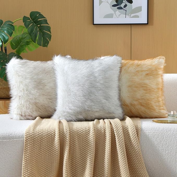 FUTEI Black White Decorative Throw Pillow Covers 12x20 Inch Set of 2,Soft Fluffy Faux Fox Fur Textured Lumbar Pillow Case,Modern Home Decor for Couch Living Room