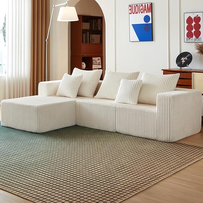 100.7 Inch Cloud Sectional Couch, Boneless Sofa for Living Room, Corduroy Modular Couch with L Shape Chaise, Modern Compressed Sofa in a Box, Memory Foam Filling (Beige)