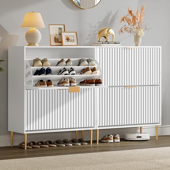 SICOTAS Fluted Shoe Cabinet Storage for Entryway with 4 Flip Drawers-11.8"Deep Freestanding Shoe Organizer Cabinet with 6-tier Shelves, Large 40 Pairs Shoes Rack Cabinet for Foyer Hallway, White, 2PCS