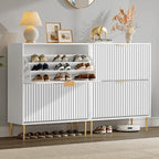 SICOTAS Fluted Shoe Cabinet Storage for Entryway with 4 Flip Drawers-11.8"Deep Freestanding Shoe Organizer Cabinet with 6-tier Shelves, Large 40 Pairs Shoes Rack Cabinet for Foyer Hallway, White, 2PCS