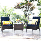 COSTWAY 3 Pieces Patio Rattan Furniture Set, Outdoor Conversation Chair Set with Coffee Table & 2 Cushions for Backyard, Porch, Poolside, Lawn, Garden, Navy
