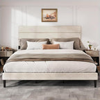 WLIVE King Size Upholstered Bed Frame, Velvet Square Tufted Headboard, Sturdy Metal & Wooden Slats Support, No Box Spring Needed, Beige