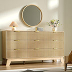 Fluted Dresser for Bedroom with 9 Drawers, 57" Mid Century Modern Dresser of Closet TV Stand, Nature Wood Dressers with Gold Handle, Boho Closet Wide Modern Chest of Drawers, Natural