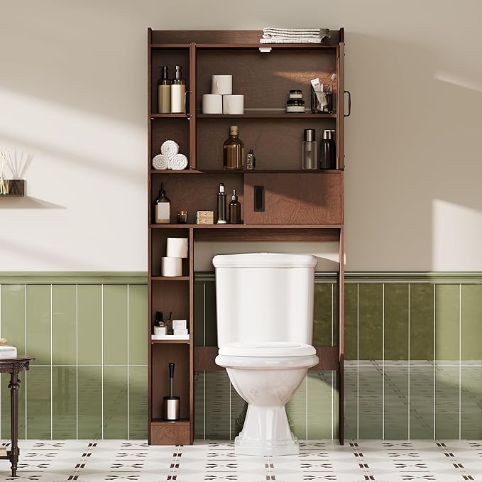 ChooChoo Over The Toilet Storage Cabinet, Farmhouse Bathroom Storage Cabinet with Sliding Door, Over Toilet Storage with Adjustable Shelves, Space-Saving, Walnut