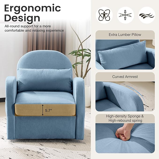MELLCOM Oversized Swivel Accent Chair with Hidden Storage, Comfy Chenille Fabric Upholstered Leisure Armchair with Lumbar Pillow and Side Pocket for Living Room Bedroom Reception Room and Office