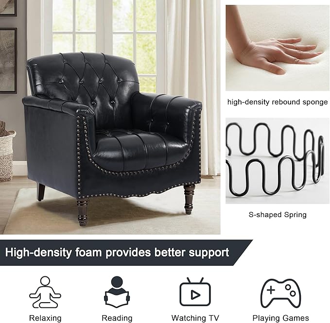 Lumibee Faux Leather Armchair, Contemporary Accent Chair with Nailhead Trims & Wood Legs for Living Room, Upholstered Comfy Arm Chair for Office,Bedroom-Blue Black