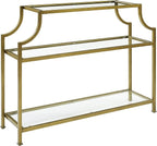 Crosley Furniture Aimee Sofa Console Table with Storage Shelves for Hall, Entryway, or Living Room, Gold and Glass