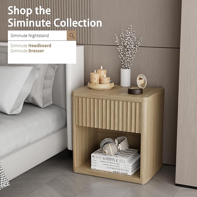 22.8" Fluted Nightstands Set of 2, Large Modern Nightstand with Drawer and Storage Shelf, Oak Finish & Cream, Mid Century Night Stands for Bedroom Living Room Sofa Couch Office, Natural Color