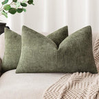 Foindtower Pack of 2 Textured Chenille Throw Decorative Pillow Covers Square Accent Solid Cushion Cover Neutral Farmhouse Lumbar Pillow Case for Couch Sofa Bedroom Living Room 12x24 Inch,Dark Green