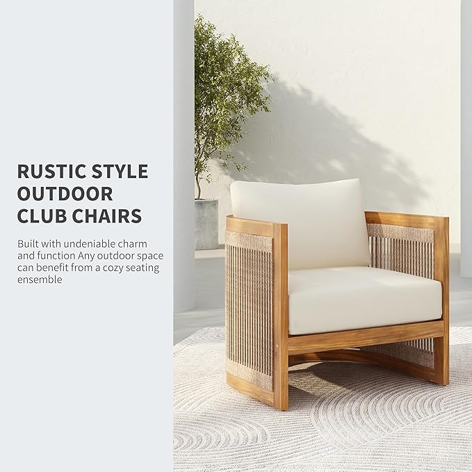 Christopher Knight Home Nesbit 4 Pieces Conversation Set, Acacia Wood Chat Set, Woven Rope Loveseat and Accent Chairs, Slat Panel Coffee Table, Patio Furniture Set for Backyard Balcony Garden, Beige