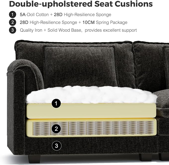 ELUCHANG 116" Luxury Modular Sectional Sofa, Comfy Deep Seat Cloud Couch, Sleeper Sofa Bed, 6 Seat Modern Couch with Removable Cover for Living Room, Apartment, DIY Combination, Chenille Black