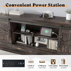 AMERLIFE Farmhouse Full Bed Frame with Storage Headboard & Charging Station, Rustic Wood Platform Bed with Barn Door Bookcase, No Box Spring Needed, Dark Oak Bedroom Furniture