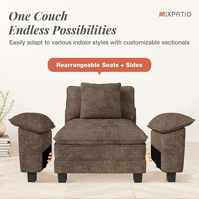 123" Cloud Modular Sectional Sofa, 3-Seater w/Deep Seat & Removable Arms, Plush Chenille for Living Room - Taupe