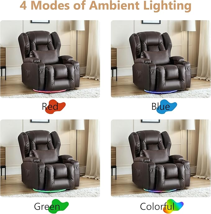 Power Swivel Rocker Recliner Chairs, Electric Wall Hugger Reclining Sofa with Massage & Heat, Comfy Theater Seating Single Sofa with LED Light/USB/Type-C Ports (Leather Brown, Single Chair)