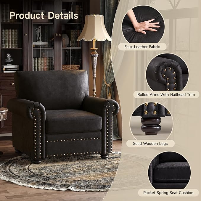 ONBRILL Nailhead Trim Accent Chair, Faux Leather Club Chair for Living Room, Comfy Armchair with Springs Cushions & Solid Wood Legs, Traditional Rolled Arms Single Sofa for Bedroom, Apartment, Black