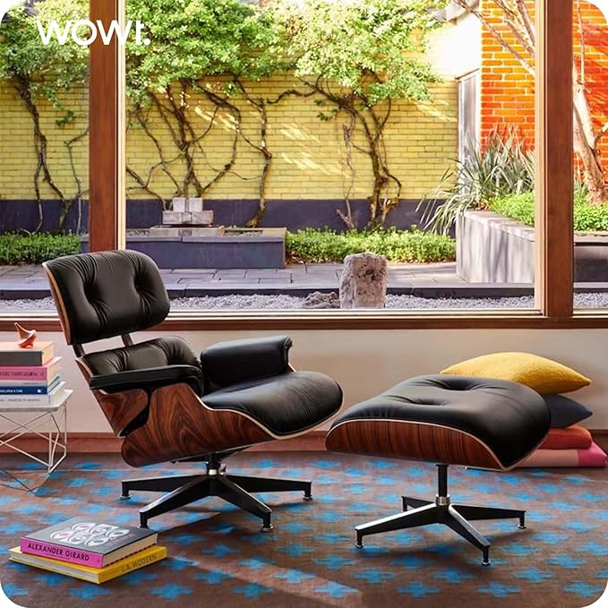 Top Black Grain Leather, Mid Century Chaise Lounge Chair and Ottoman, Modern Chair Classic Design, Palisander Wood, Heavy Duty Base Support for Living Room Office Study