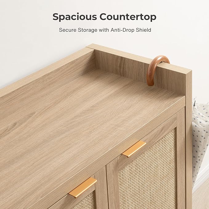 SICOTAS Shoe Cabinet Set of 2, Large Capacity Shoe Storage Organizer Cabinet, Tall Rattan Shoe Cabinet with Doors and Shelves, 6-Tier Farmhouse Boho Wooden Storage Cabinet for Entryway, Light Oak