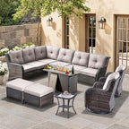 HUMMUH 8 Pieces Outdoor Patio Furniture Set with Fire Pit,L-Shaped Modular Sectional Couches with Swivel Patio Chairs,Wicker Conversation Set for Deck,Backyard,Porch,Garden