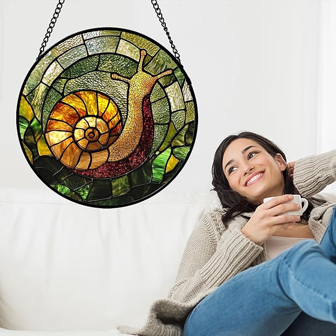 Stained Glass Window Hanging, Green Orange Snail Sun Catcher for Door Home Decor Suncatcher Christmas Mother's Day Birthday Gifts for Women Men Mom and Nana 9.8 in