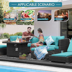 NICESOUL 10 Piece Modern Outdoor Furniture Set with Natural Gas/Propane Fire Pit Table, 29.3'' High-Back Extra Large Patio Sectionals with Firepit, Deep Wide All-Weather Rattan Sofas, Turquoise & Gray