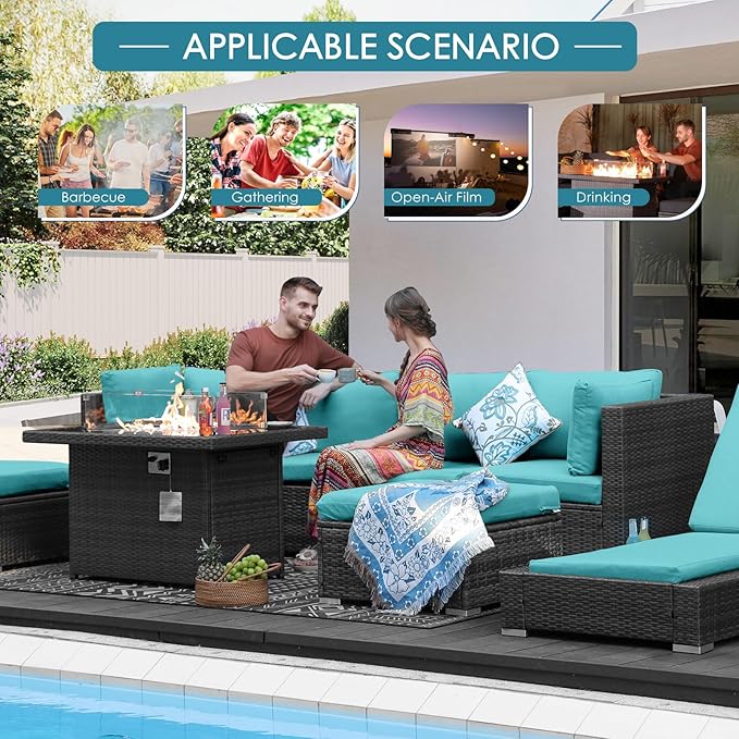 NICESOUL 10 Piece Modern Outdoor Furniture Set with Natural Gas/Propane Fire Pit Table, 29.3'' High-Back Extra Large Patio Sectionals with Firepit, Deep Wide All-Weather Rattan Sofas, Turquoise & Gray