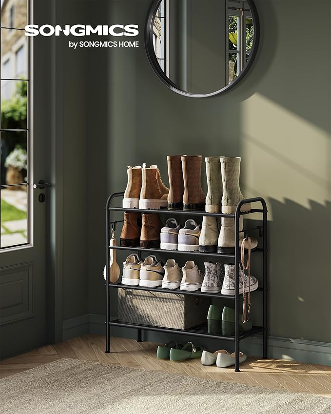 SONGMICS Shoe Rack, 4-Tier Shoe Organizer, Metal Shoe Shelf Storage with 4 Side Hooks, Holds 16 Pairs of Shoes, Height-Adjustable Shoe Rack for Entryway, Hallway, Closet, Easy Assembly, Ink Black