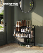 SONGMICS Shoe Rack, 4-Tier Shoe Organizer, Metal Shoe Shelf Storage with 4 Side Hooks, Holds 16 Pairs of Shoes, Height-Adjustable Shoe Rack for Entryway, Hallway, Closet, Easy Assembly, Ink Black