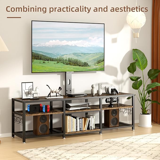 VECELO 71" TV Stand with Mount and Power Outlets, Entertainment Center with Open Storage Shelves, Height Adjustable Mount up to 80”, Wooden Table and Metal Frame for Living Room, Rustic Brown