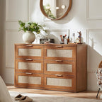 LEYAOYAO Rattan Dresser for Bedroom Set of 2, Boho 48" Wide 6 Drawer Dresser Chest of Drawers, Wood Dressers TV Stand with Metal Handle, Storage Dressers Closet Organizer for Living Room, Hallway
